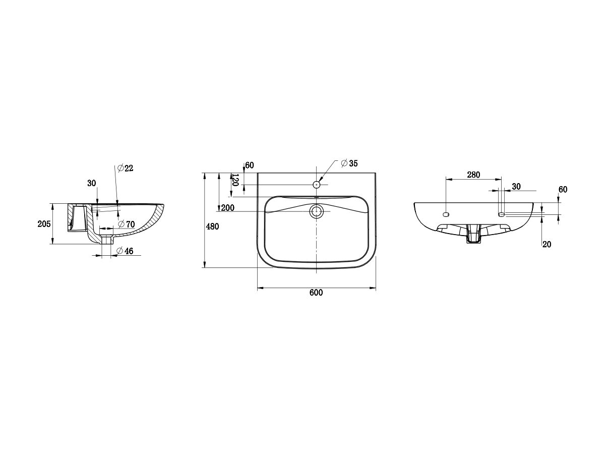 Reece Wolfen Wall Basin 600 X 480 X 205mm With Overflow & Fixings 1 Taphole White