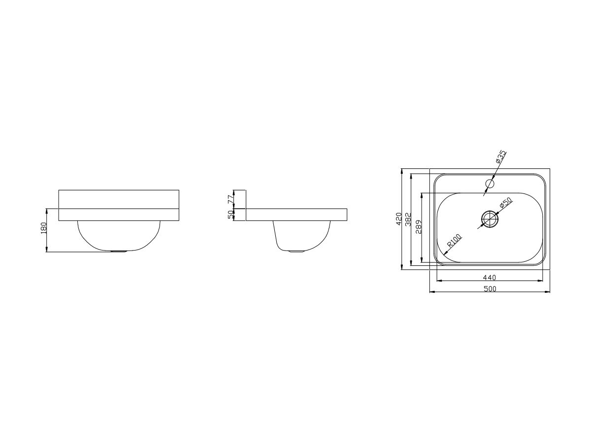 Reece Wolfen Wall Hand Basin 500x420mm With Brackets Centre 1 Taphole Stainless Steel