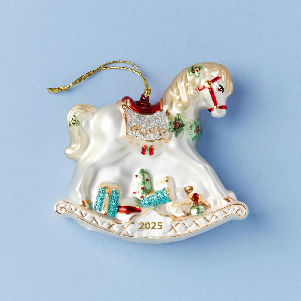 reed & barton 2025 Blown Glass Baby's 1st Rocking Horse Ornament