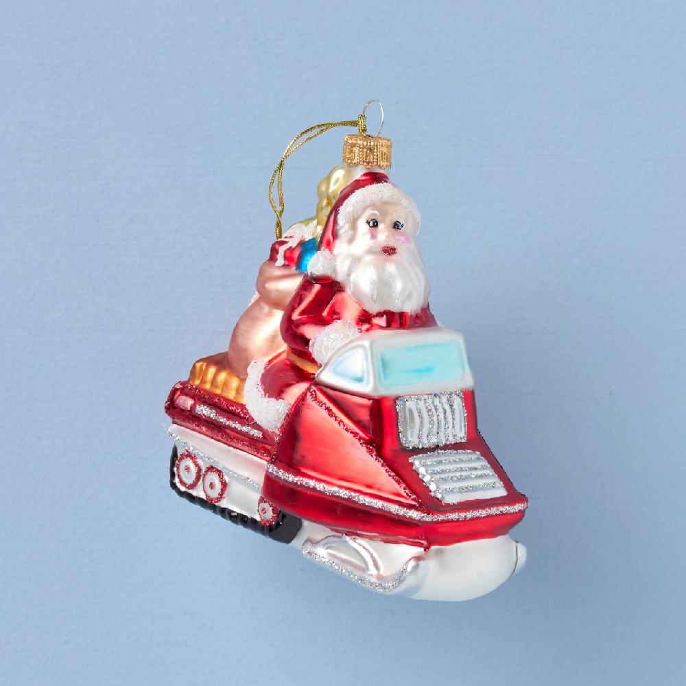 reed & barton Blown Glass Santa On Snowmobile Ornament