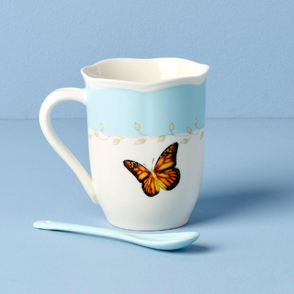 Reed & Barton Butterfly Meadow Blue Mugs With Spoons - Set Of 2