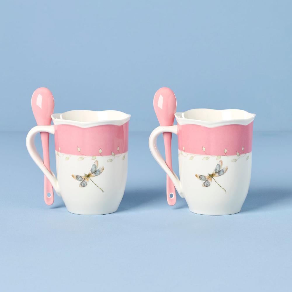 Reed & Barton Butterfly Meadow Pink Mugs With Spoons - Set Of 2