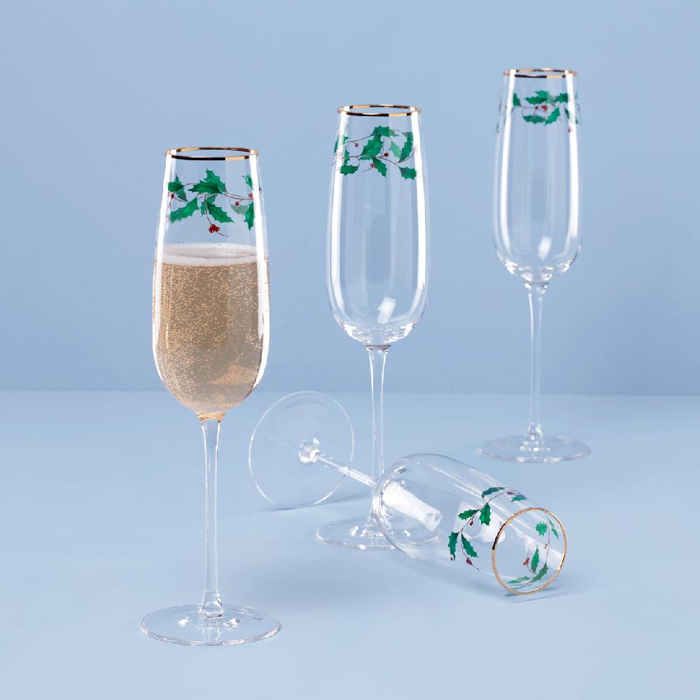 Reed & Barton Holiday Decal Flute Glasses - Set Of 4