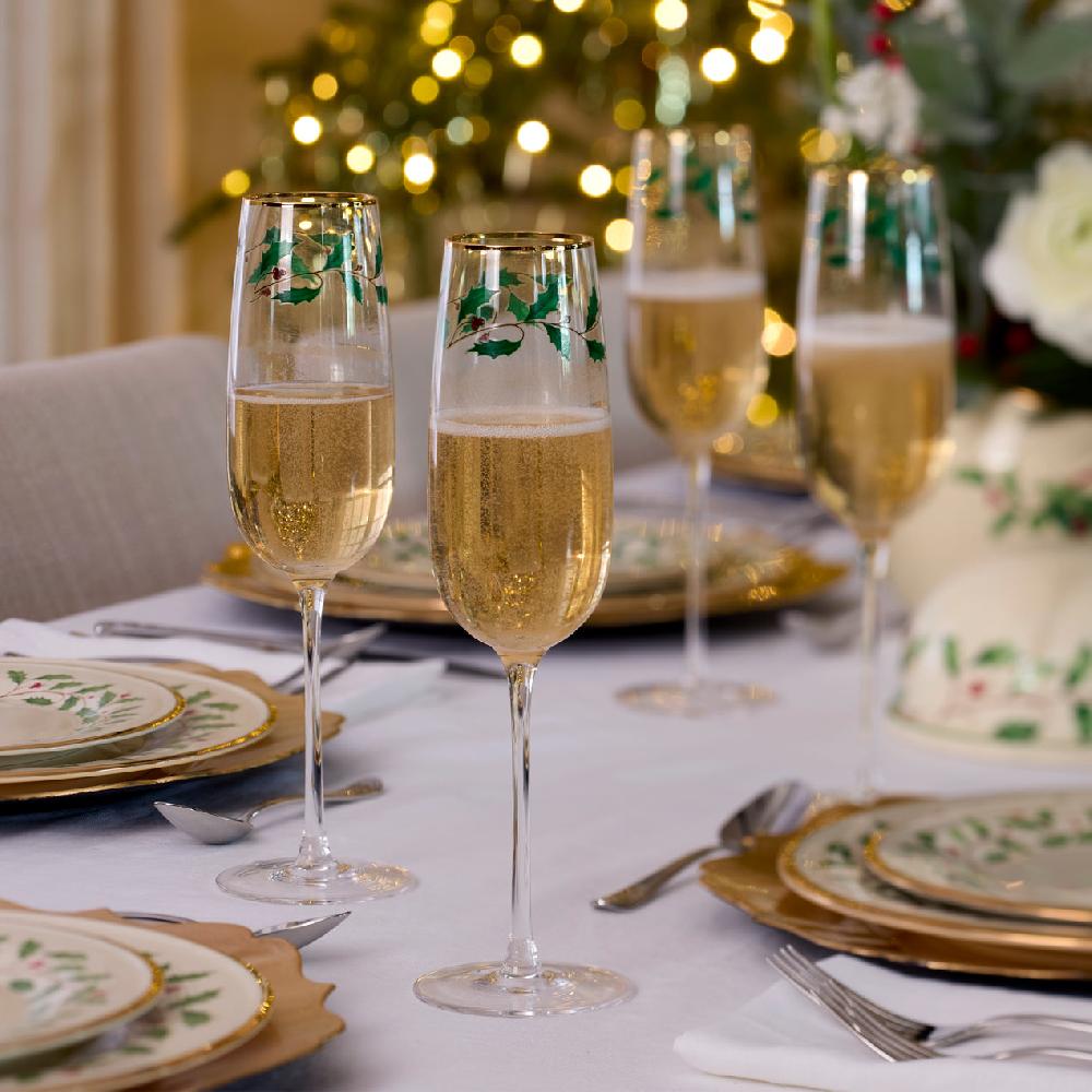 Reed & Barton Holiday Decal Flute Glasses - Set Of 4