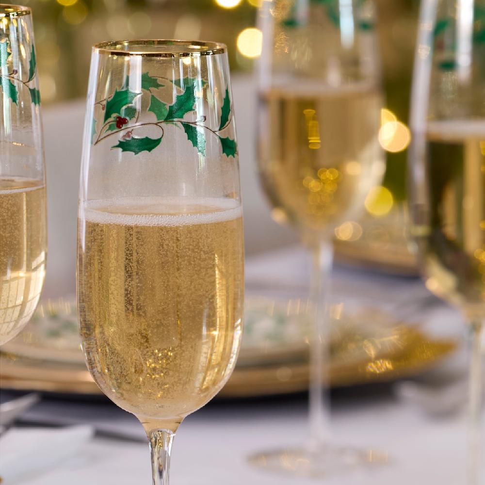 Reed & Barton Holiday Decal Flute Glasses - Set Of 4