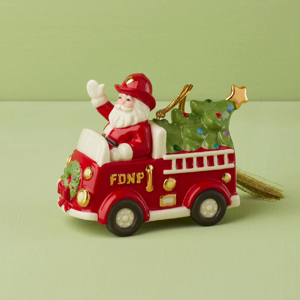 reed & barton Santa In Fire Truck Ornament