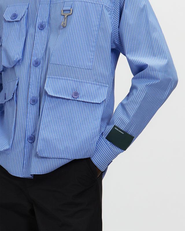 Reese Cooper Chambray Cargo Button Down Shirt In Striped Blue
