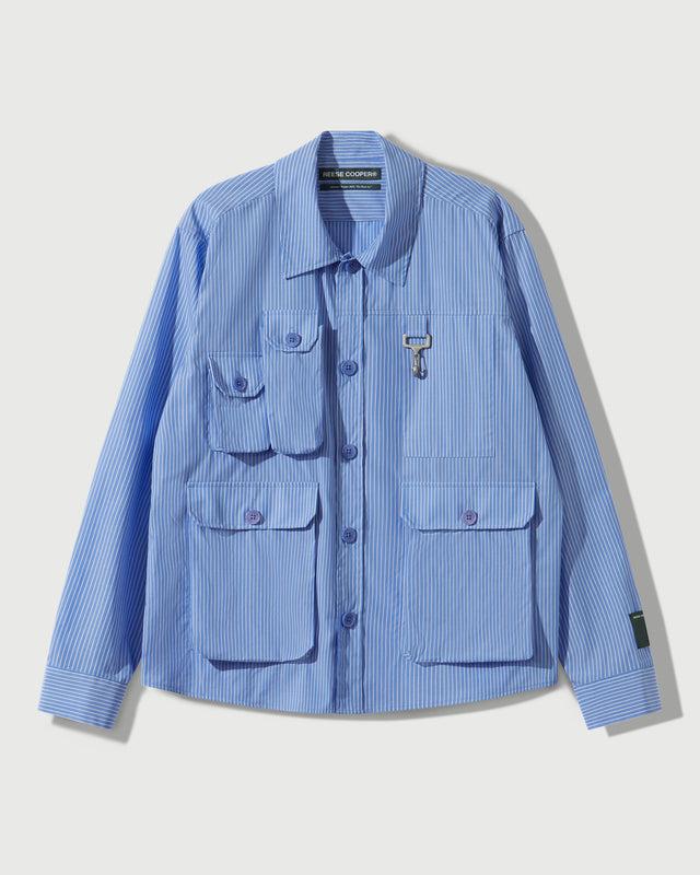 Reese Cooper Chambray Cargo Button Down Shirt In Striped Blue