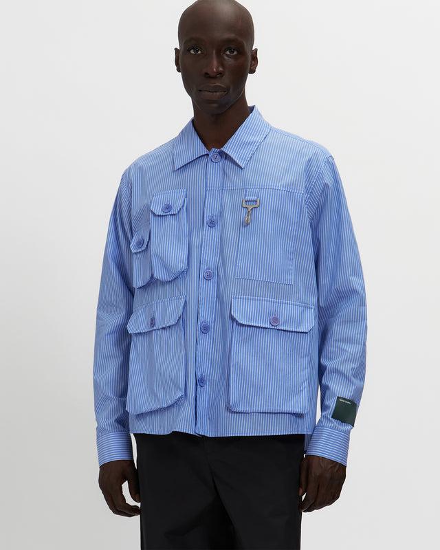 reese cooper Chambray Cargo Button Down Shirt in Striped Blue