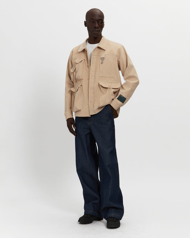 Reese Cooper Corduroy Cargo Button Down Shirt In Khaki