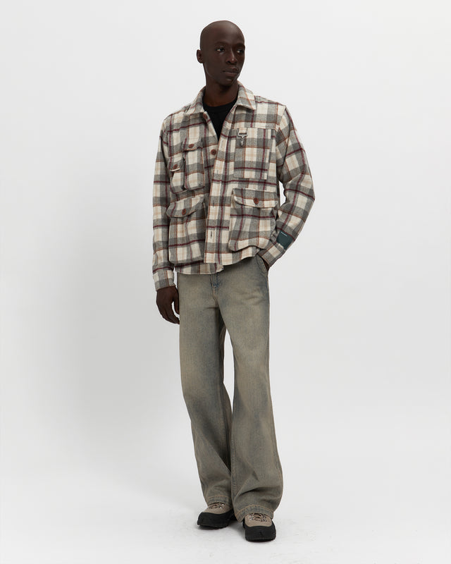 Reese Cooper Milled Flannel Cargo Button Down Shirt In Grey