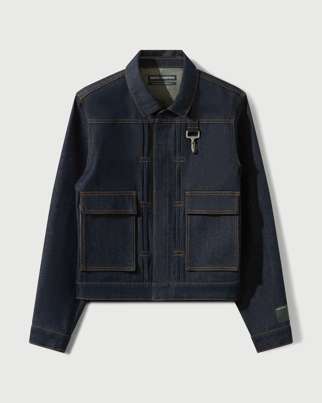 Reese Cooper Raw Denim Concealed Button Trucker Jacket