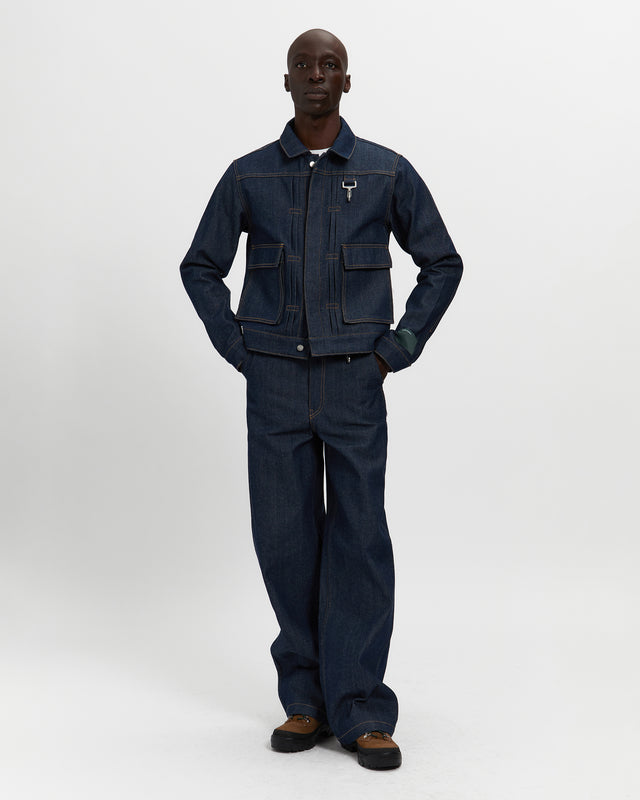 Reese Cooper Raw Denim Concealed Button Trucker Jacket