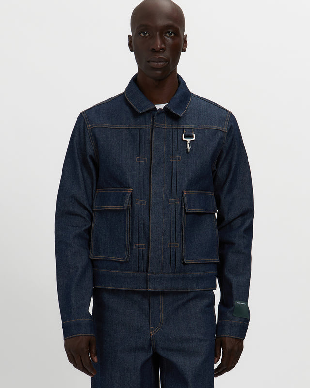 reese cooper Raw Denim Concealed Button Trucker Jacket