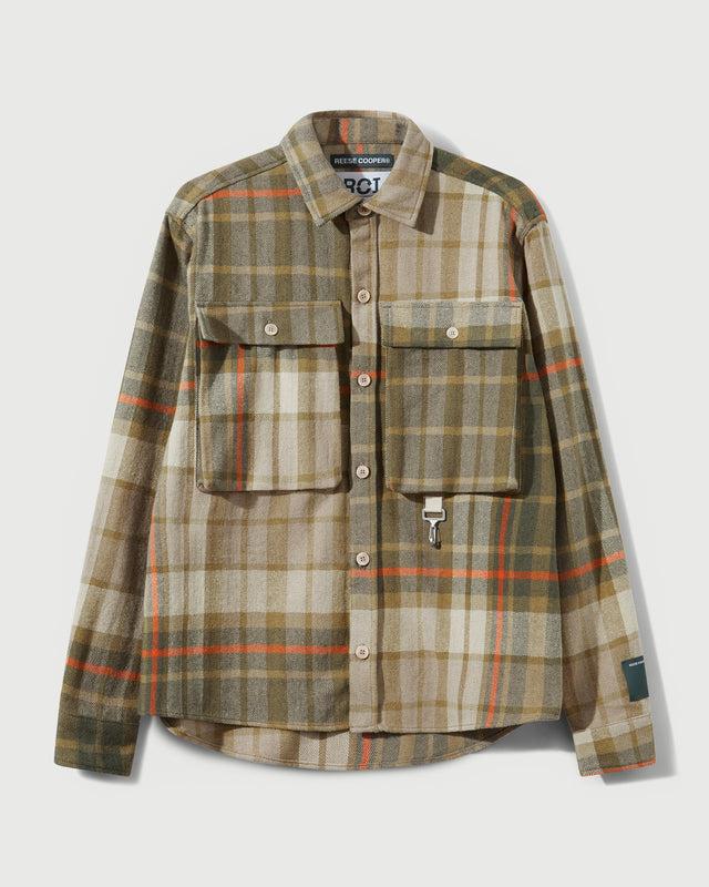 reese cooper RCI Reserve: Cargo Shirt in Khaki Park Plaid Cotton Flannel