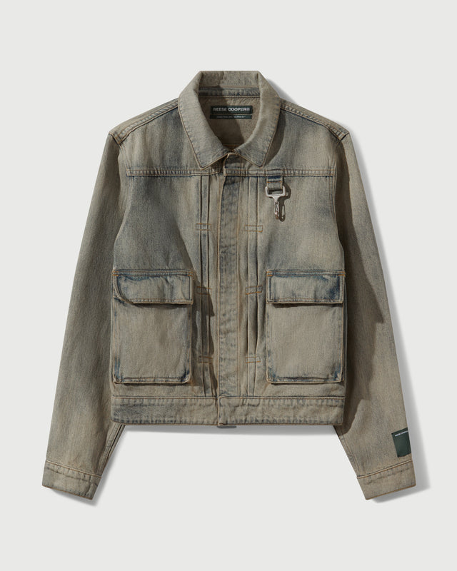 Reese Cooper Washed Denim Concealed Button Trucker Jacket