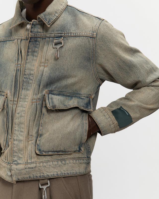 Reese Cooper Washed Denim Concealed Button Trucker Jacket