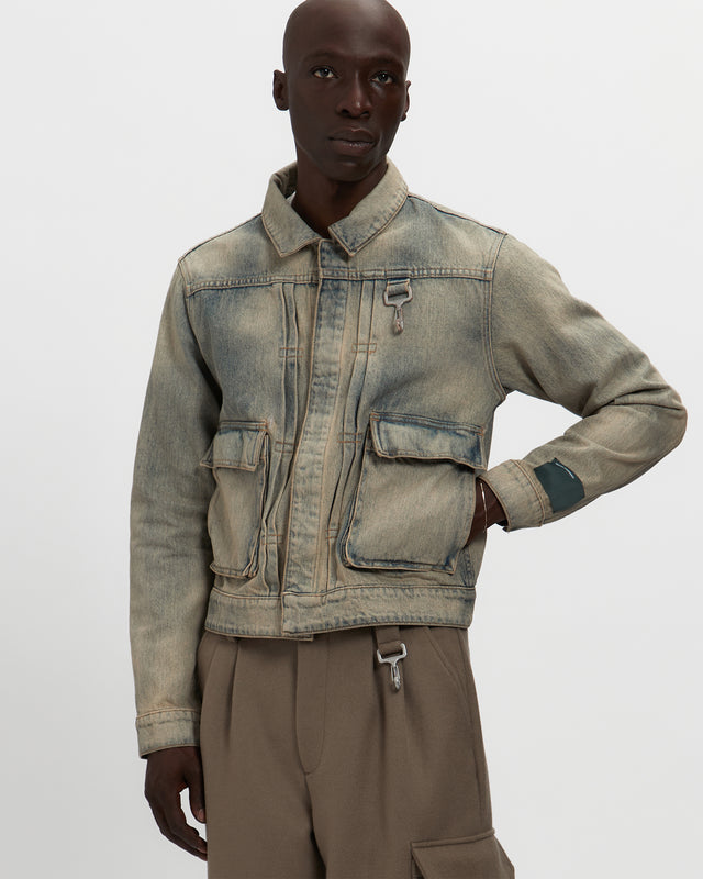 reese cooper Washed Denim Concealed Button Trucker Jacket