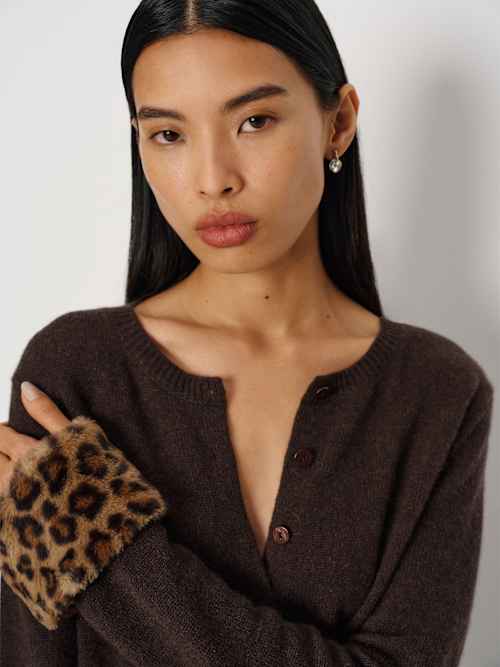 Reformation Clara Cashmere Crew Cardigan Compost Leopard Faux Fur Cuff