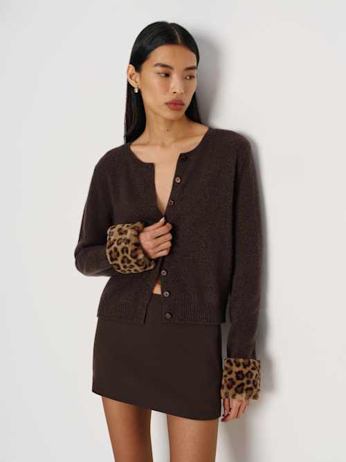 reformation Clara Cashmere Crew Cardigan Compost Leopard Faux Fur Cuff