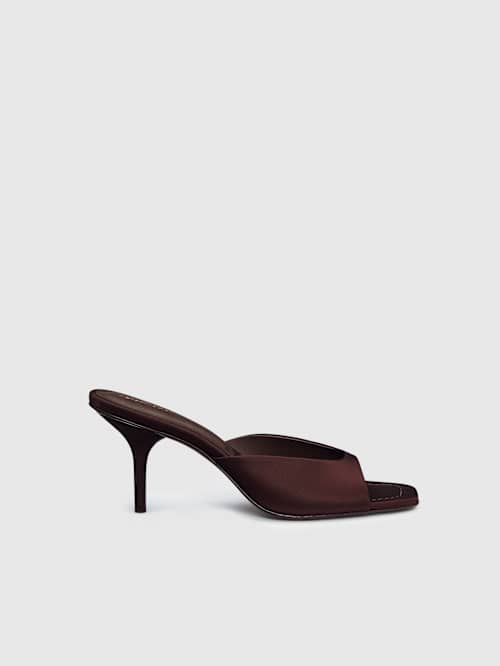 Reformation Clementine Heeled Mule Sandal Cafe Satin