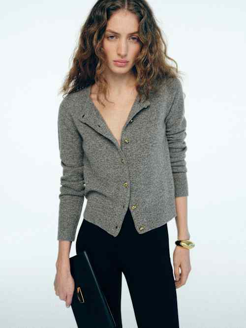 reformation Hannah Crew Cardigan Mid Grey Gold Buttons