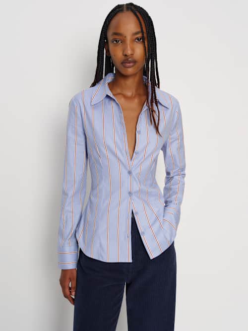 Reformation Raya Fitted Shirt Baby Blue Stripe