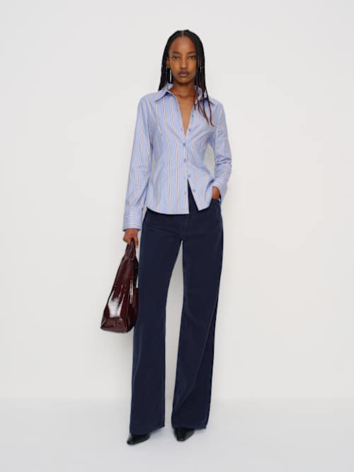 reformation Raya Fitted Shirt Baby Blue Stripe