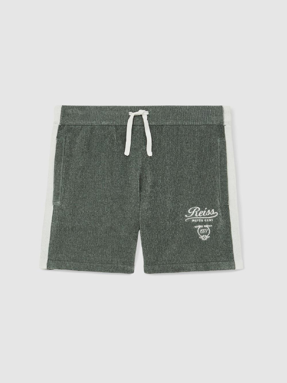 Reiss 13-14 Yrs Chenille Tipped Motor Cars Shorts In Dark Sage Green/White