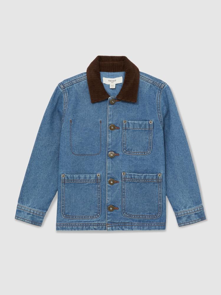 reiss 13-14 yrs Corduroy-Collar Denim Jacket in Mid Blue