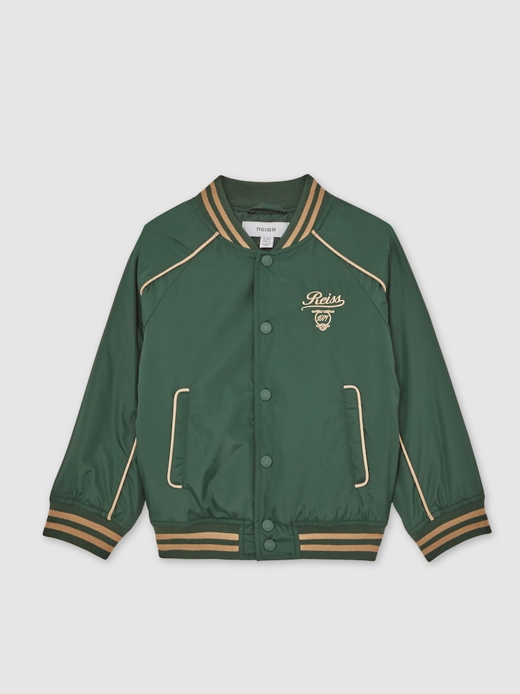 reiss 13-14 yrs Motor Cars Embroidered Bomber Jacket in Forest Green/Off White