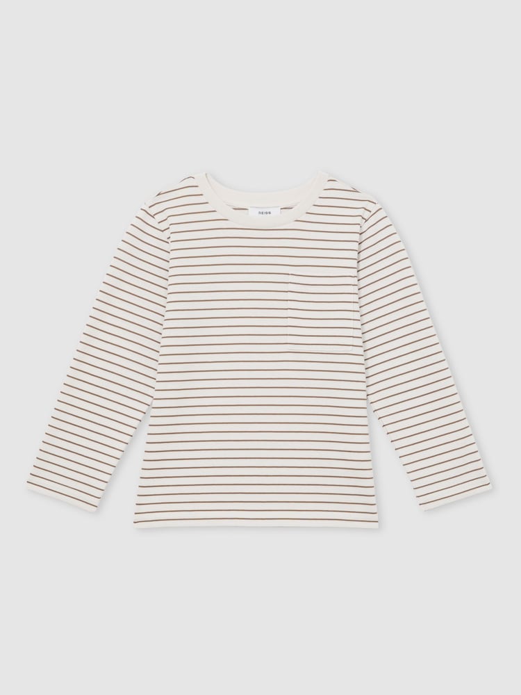 reiss 13-14 yrs Stretch-Cotton Stripe T-Shirt in Off White/Camel