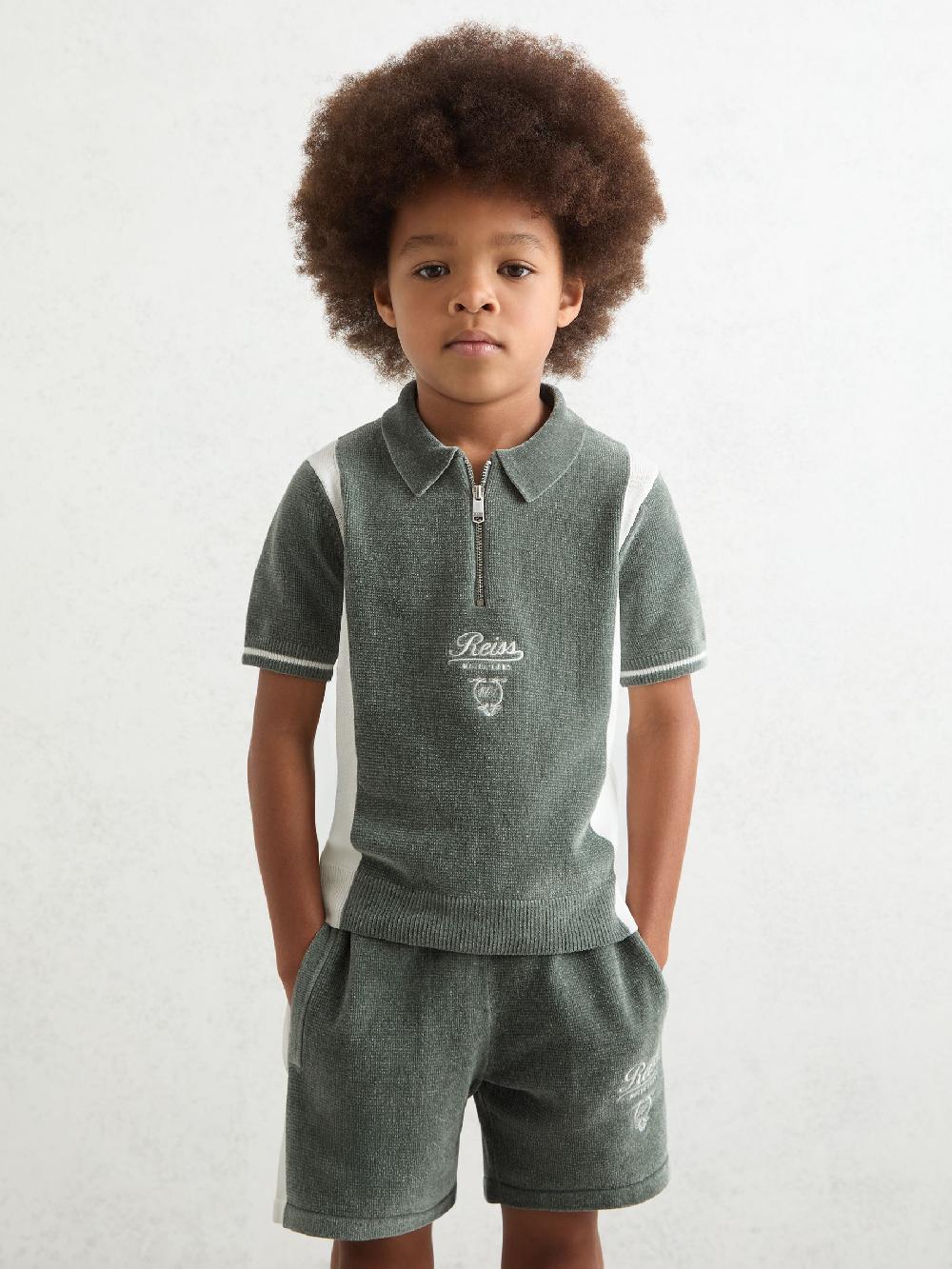 Reiss 3-9 Yrs Chenille Tipped Motor Cars Polo Shirt In Dark Sage Green/White