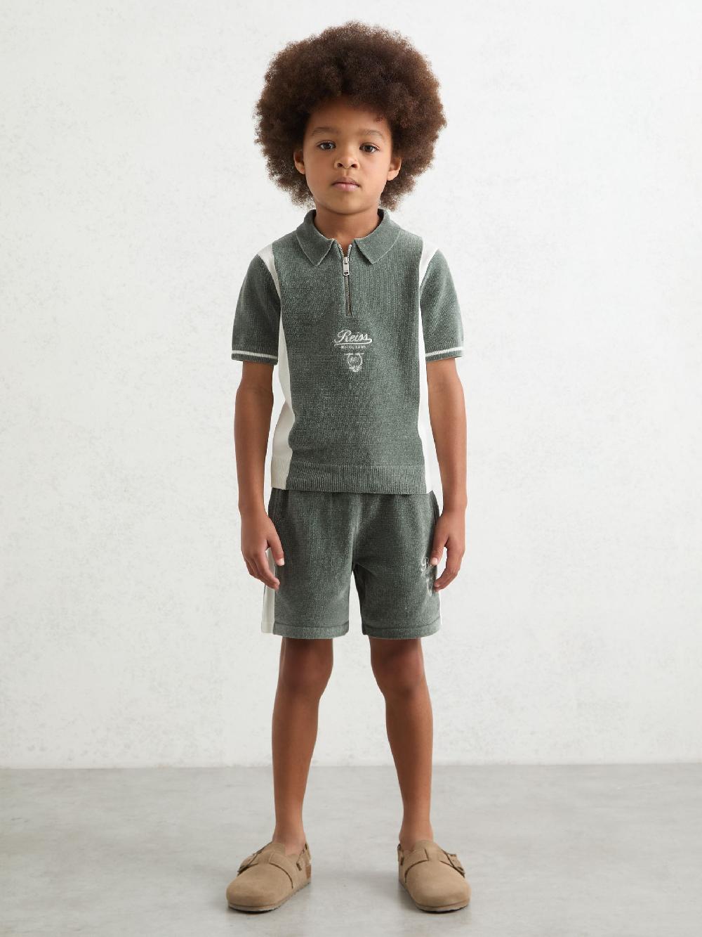 Reiss 3-9 Yrs Chenille Tipped Motor Cars Shorts In Dark Sage Green/White