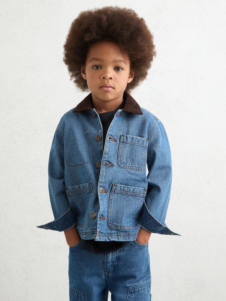 reiss 3-9 yrs Corduroy-Collar Denim Jacket in Mid Blue