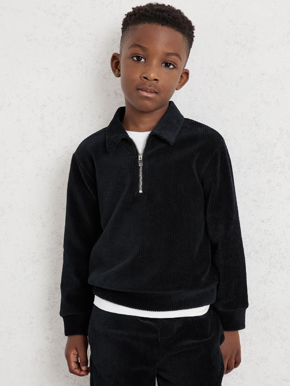 Reiss 3-9 Yrs Corduroy Half-Zip Polo Shirt In Navy Blue