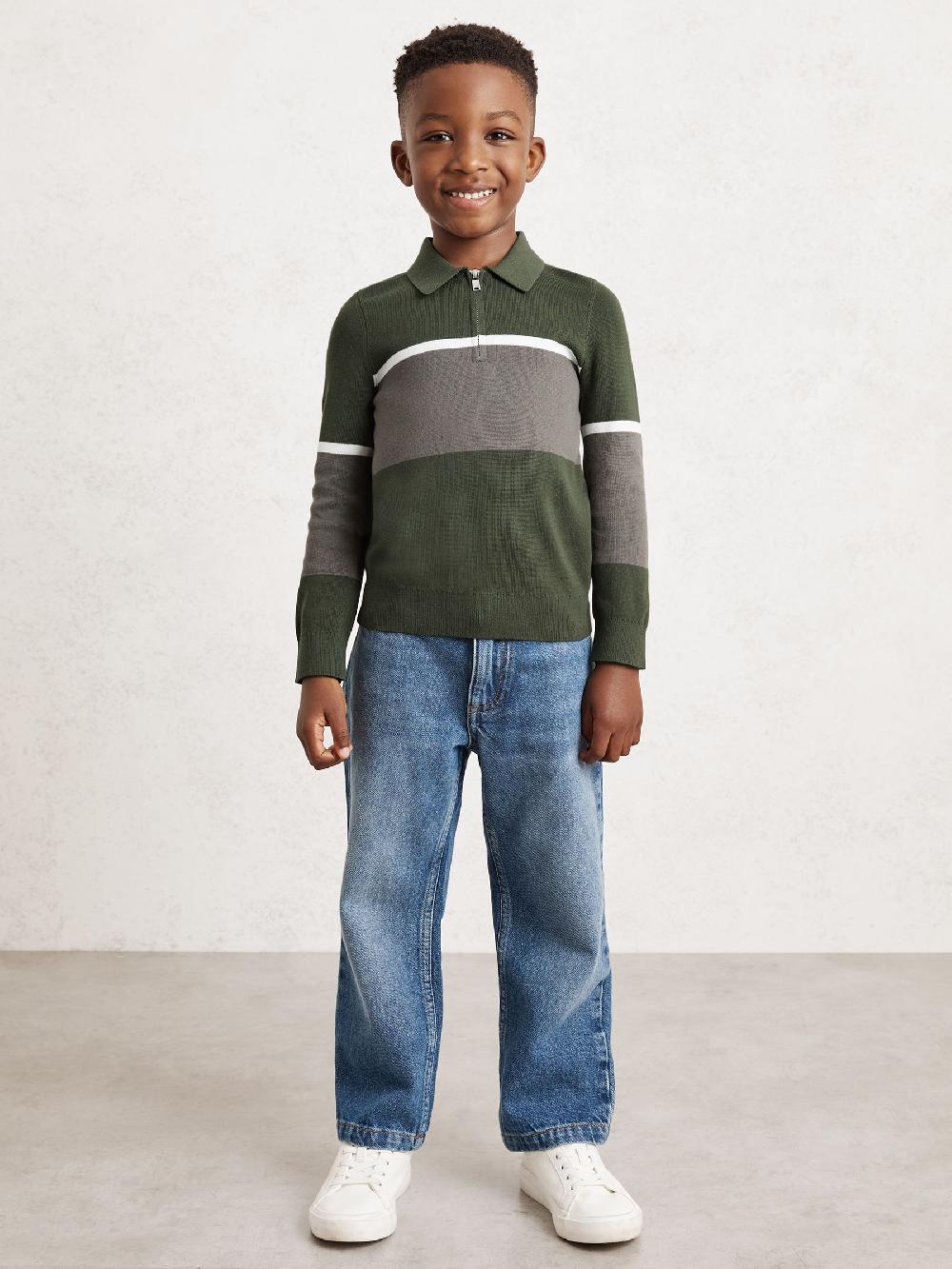 Reiss 3-9 Yrs Cotton-Blend Colour-Block Polo Shirt In Green/Grey