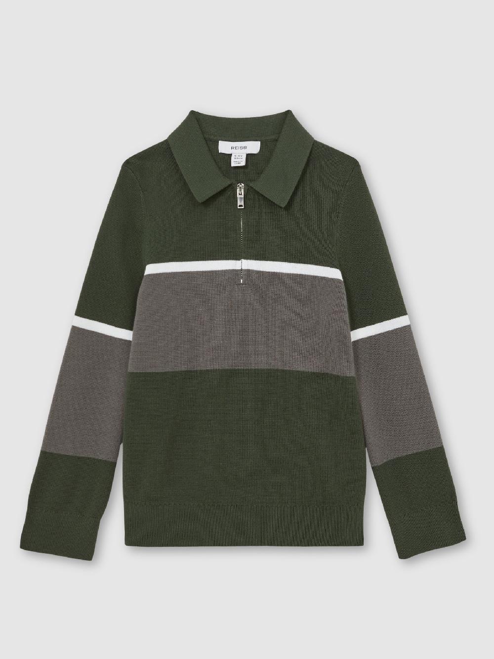 Reiss 3-9 Yrs Cotton-Blend Colour-Block Polo Shirt In Green/Grey
