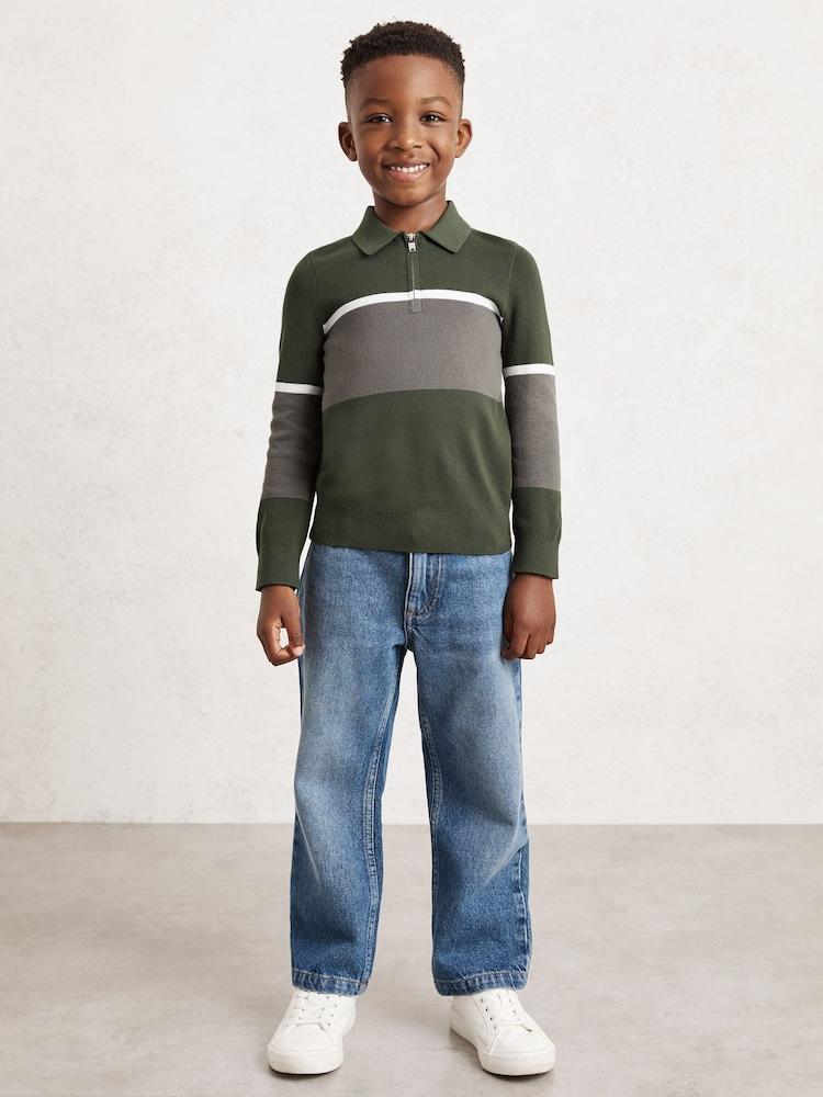 reiss 3-9 yrs Cotton-Blend Colour-Block Polo Shirt in Green/Grey