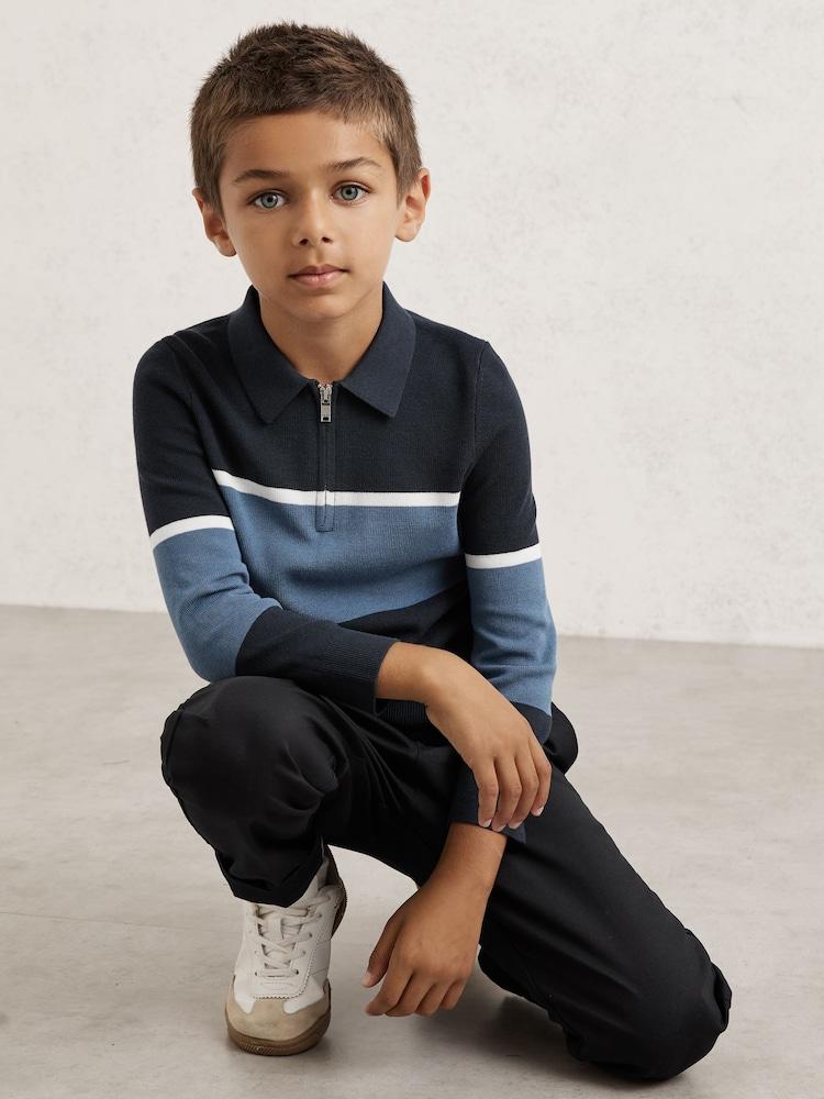 reiss 3-9 yrs Cotton-Blend Colour-Block Polo Shirt in Navy Blue/Airforce Blue