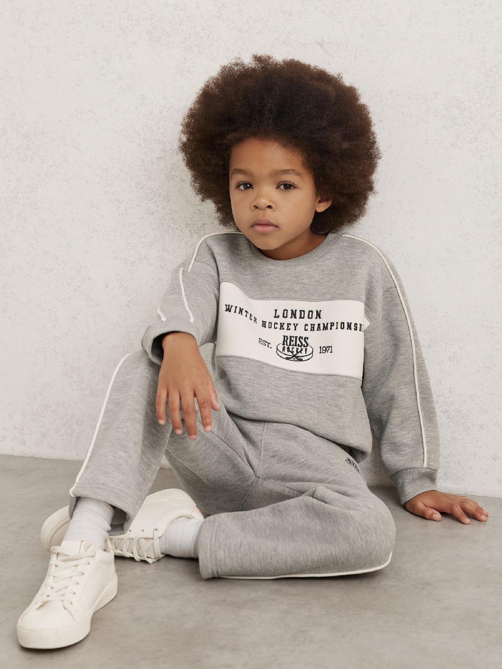 Reiss 3-9 Yrs Cotton-Blend Hockey Sweatshirt With Contrast-Piping In Grey Melange