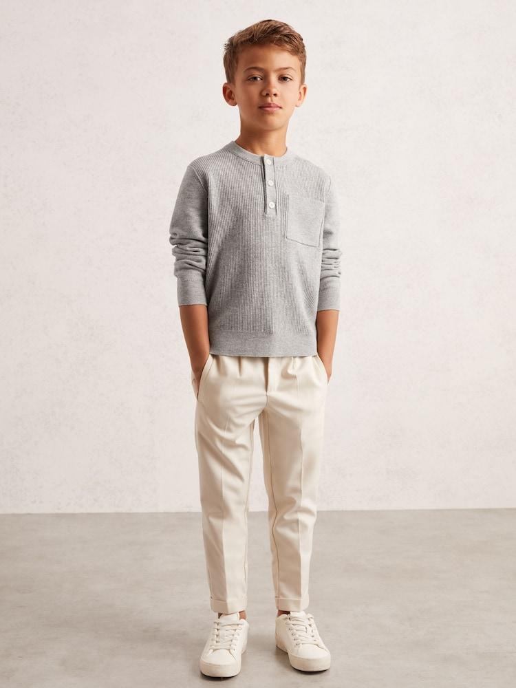 reiss 3-9 yrs Cotton-Blend Rib-Knit Henley Top in Mid Grey Melange