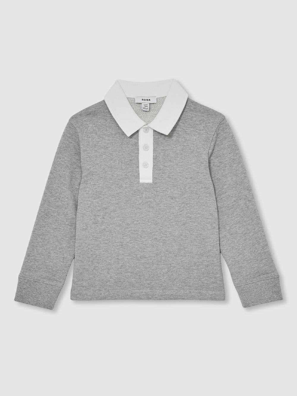 Reiss 3-9 Yrs Cotton Half-Button Rugby Polo Shirt In Grey Marl/White