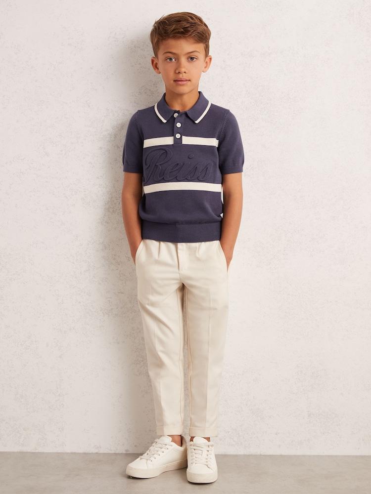reiss 3-9 yrs Cotton Logo-Embossed Knit Polo Shirt in Indigo Blue/White