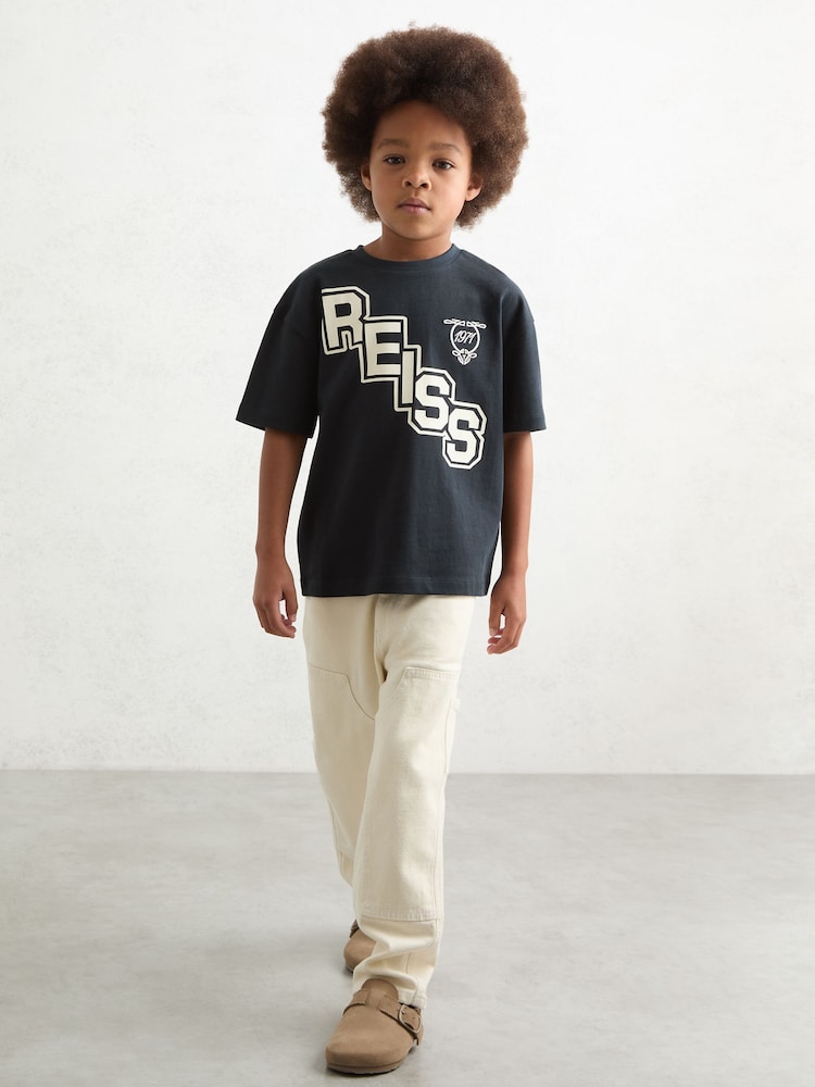 reiss 3-9 yrs Cotton Oversized Logo T-Shirt in Navy/White