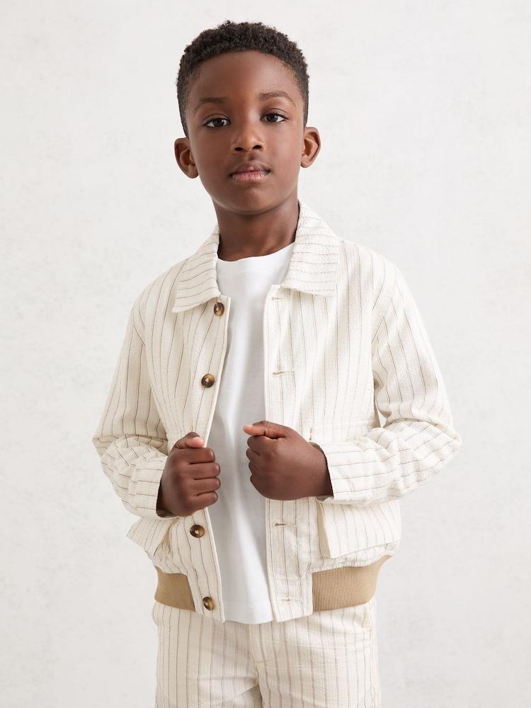 reiss 3-9 yrs Cotton Pinstripe Harrington Jacket in Off White/Taupe Brown