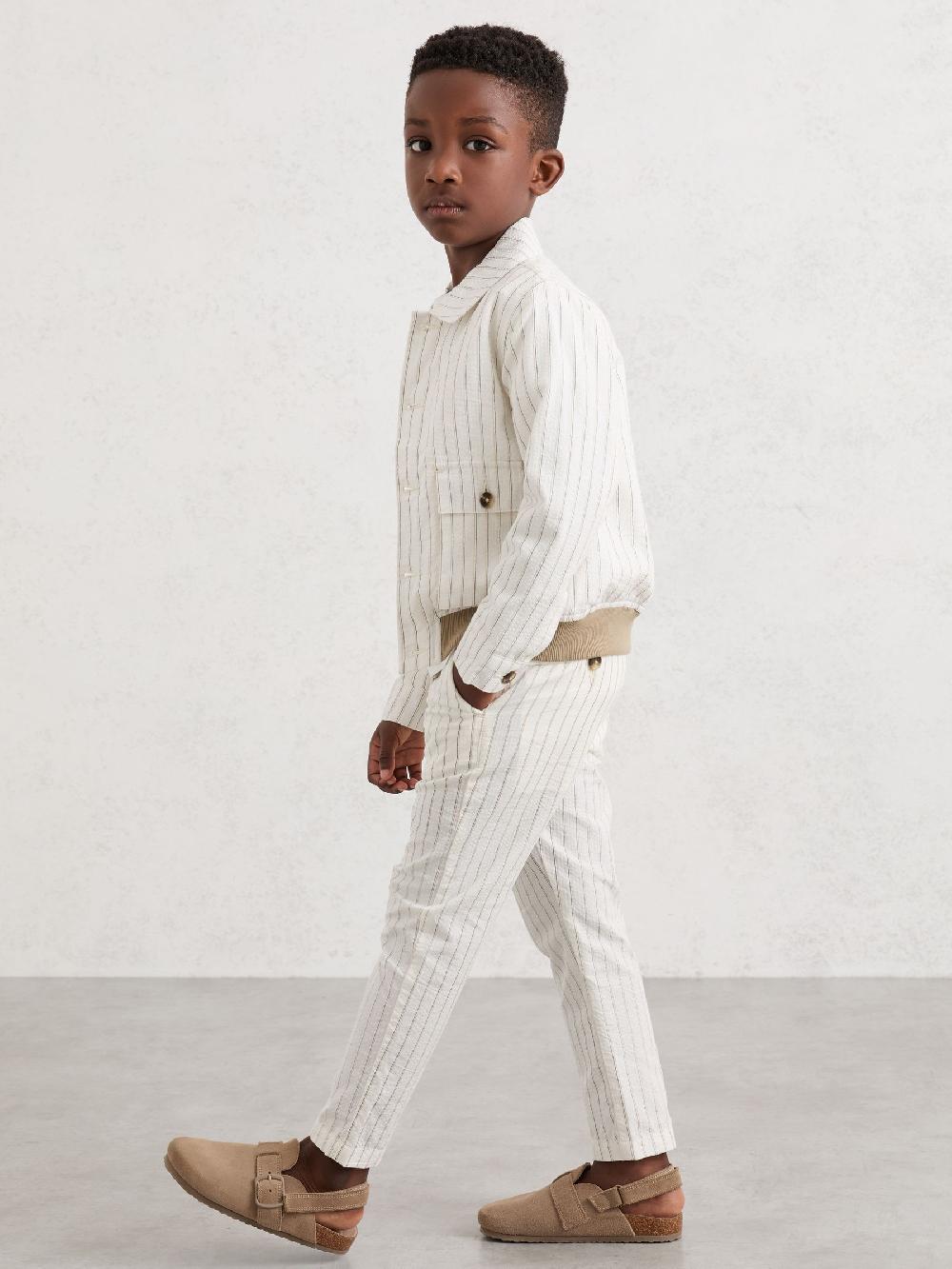 Reiss 3-9 Yrs Cotton Pinstripe Trousers Regular-Fit In Off White/Taupe Brown
