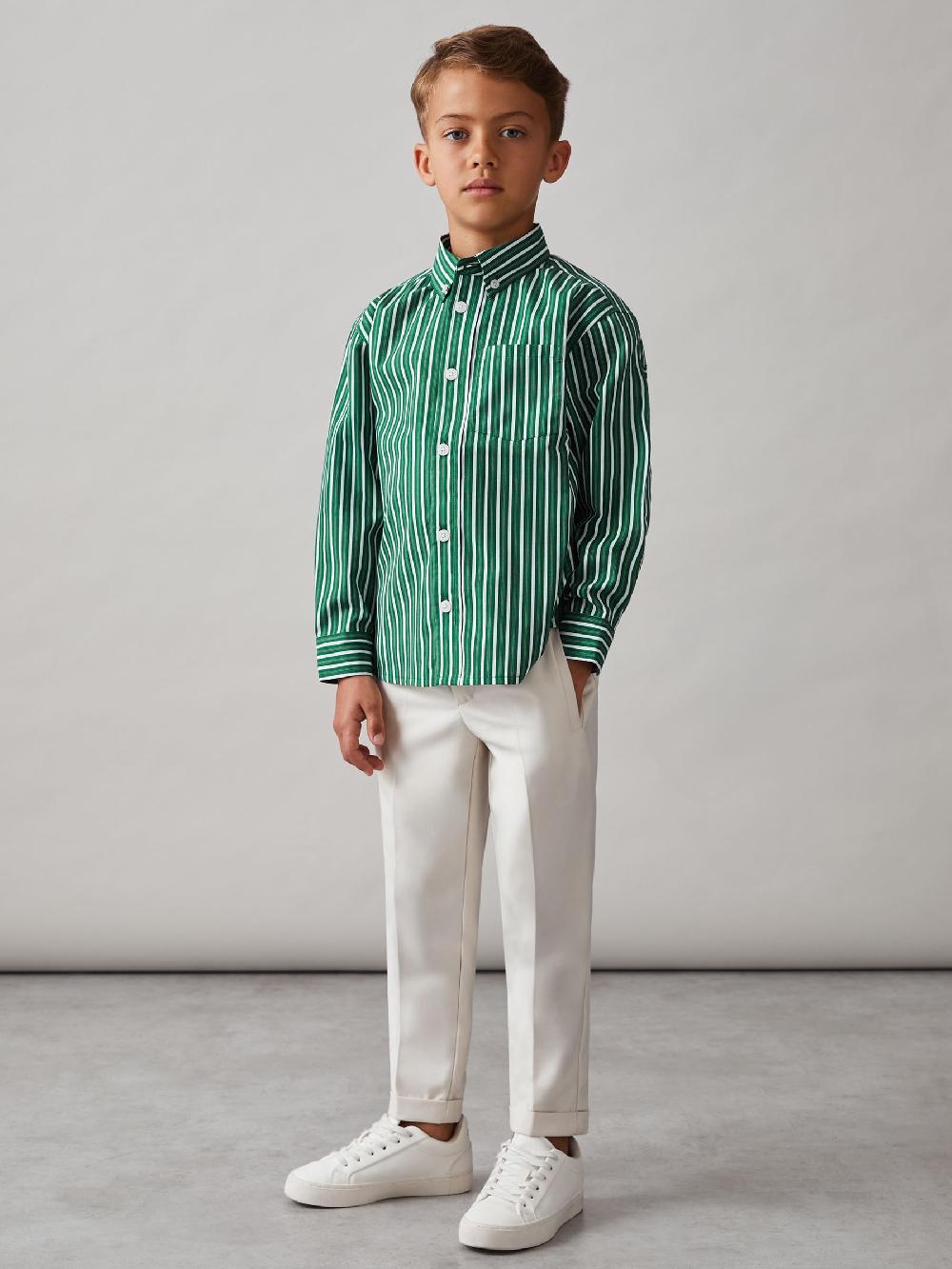 Reiss 3-9 Yrs Cotton-Poplin Striped Oversize Shirt In Green/White