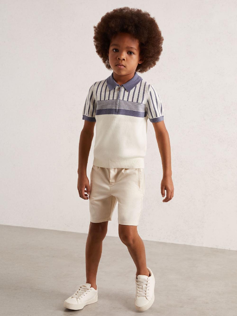 Reiss 3-9 Yrs Cotton Stripe Knit Half-Zip Polo Shirt In Off White/ Airforce Blue