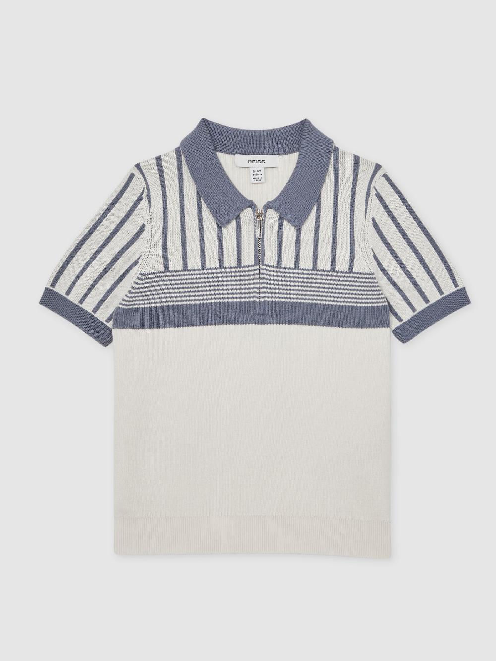 Reiss 3-9 Yrs Cotton Stripe Knit Half-Zip Polo Shirt In Off White/ Airforce Blue